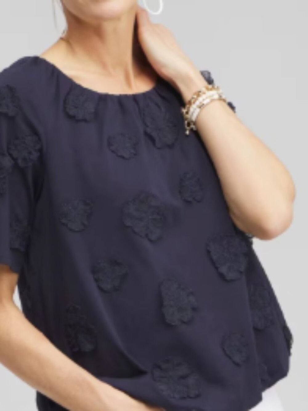 Chico's 3D Applique Bubble Hem Navy Top